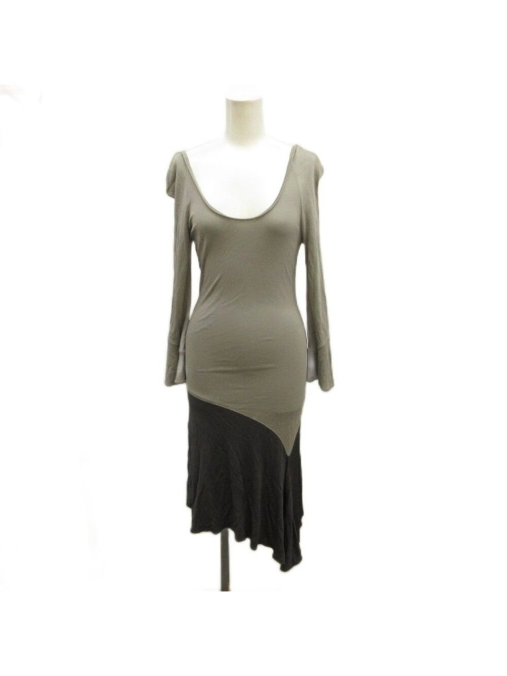 Versace Gianni Dress Long Three Quarter Sleeve Asymmetric Hem Greige Dark 38